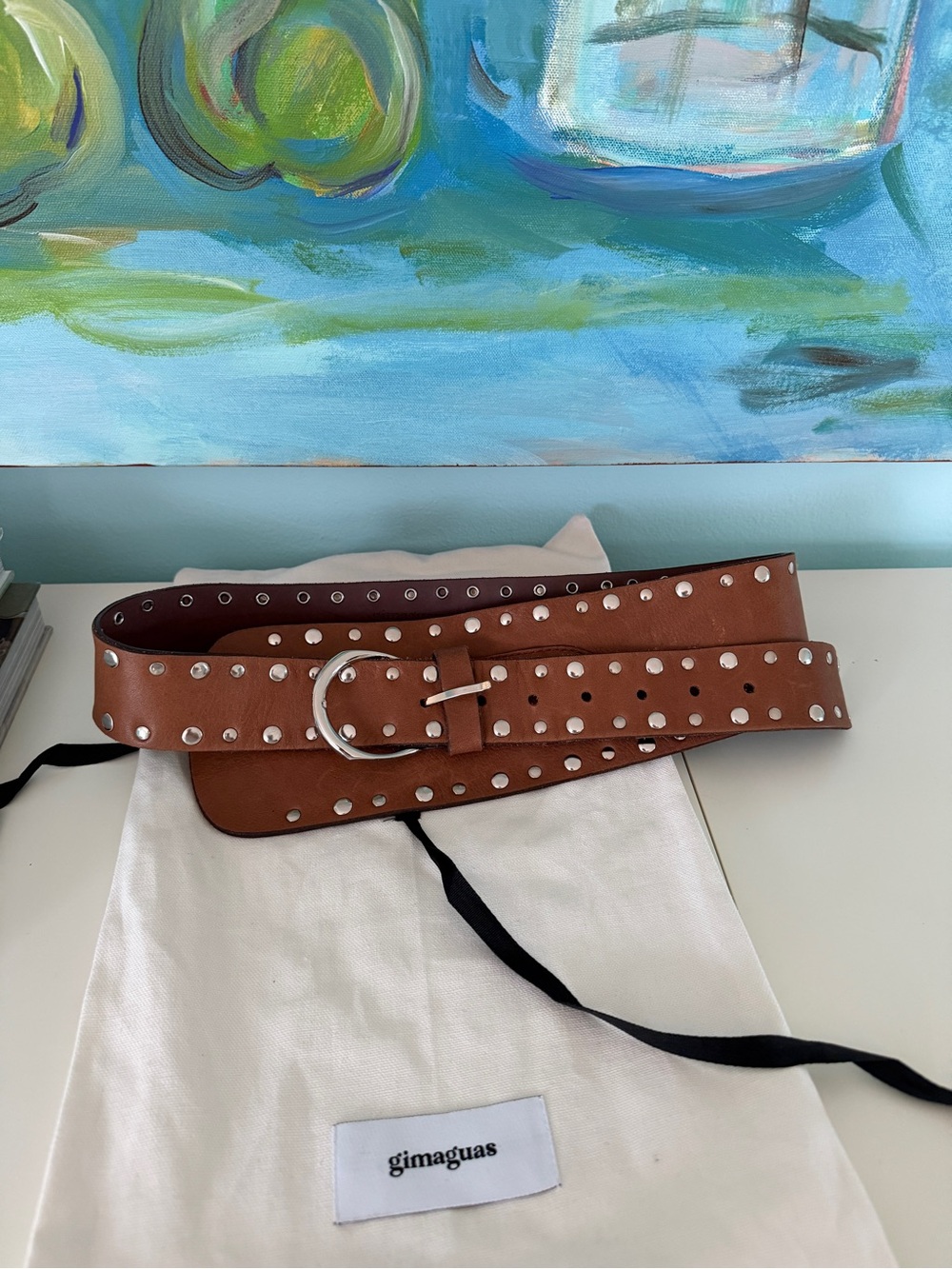 Gimaguas Chestnut Brown Studded Leather Waist Belt with Silver Accents